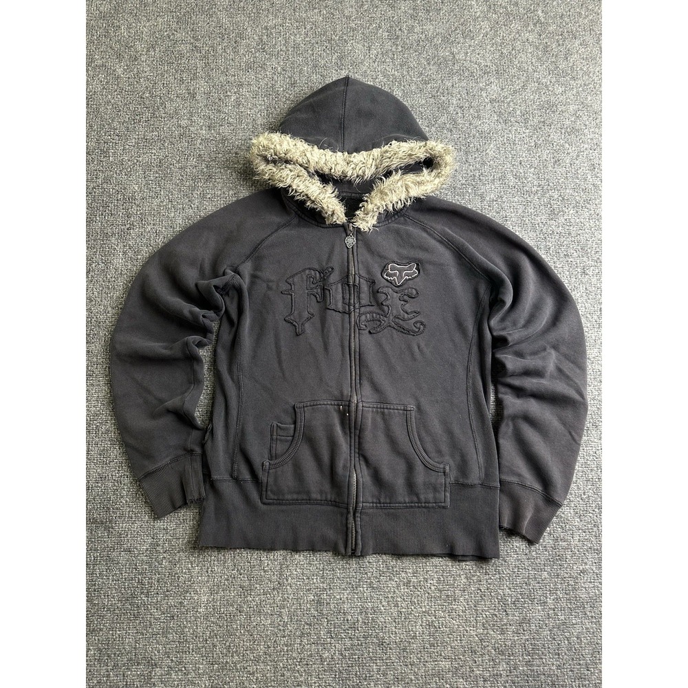 Womens Y2K Fox Girls Black Faux Fur Hood Full Zip Hoodie, Size XL